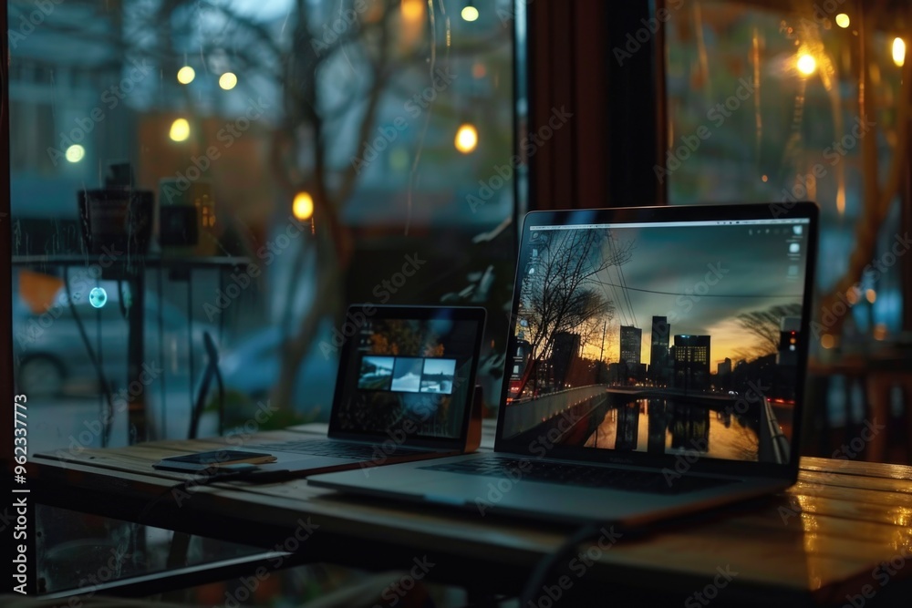 Poster a laptop computer sitting on top of a wooden table, perfect for working or studying