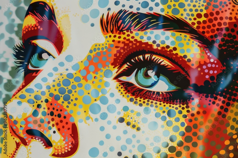 Poster a close-up view of a woman's face painted on canvas, with intricate details and expression