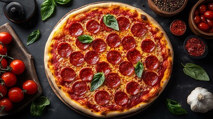Top-Down View of Hot Pepperoni Pizza Surrounded by Tomatoes, Basil, and Spices on Black Concrete Background for Classic Pizza Presentation - Generative AI