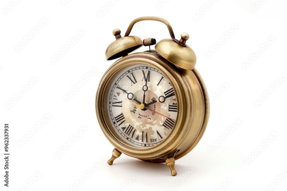 Poster a gold alarm clock sits atop a table with a simple, clean design