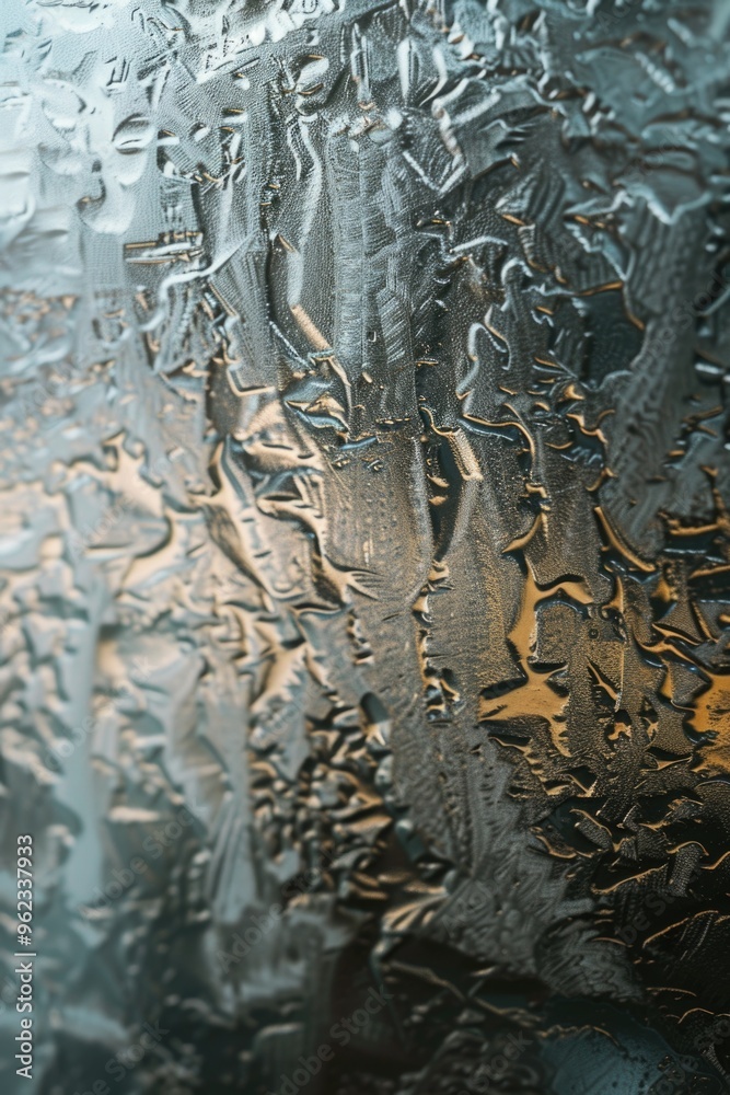 Poster a close-up view of a rainy window with droplets of water and reflections