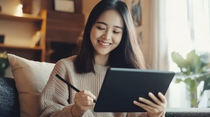 Naklejka premium Smiling Woman Using Tablet at Home