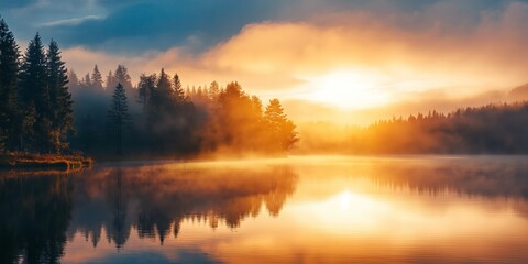 Obraz premium A picturesque lake at sunset with trees reflected in the water and a misty atmosphere, creating a tranquil scene.