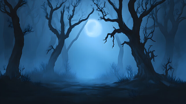 a landscape of a scary forest with fog on halloween night