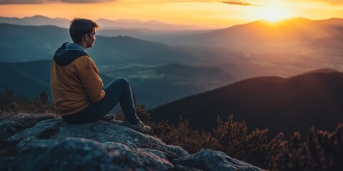 Obraz premium A person sits on a rock, gazing over a stunning mountain valley illuminated by the golden hues of sunset.