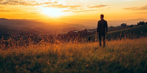 A lone man stands in a grassy field, facing the setting sun, captured in a moment of introspection and reflection.