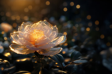 Fleur lumineuse et délicate au crépuscule, éclairée par des lueurs dorées dans une ambiance féerique et magique - fond noir espace négatif copyspace
