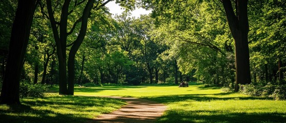 Obraz premium Sunlight Filtering Through Trees in a Green Forest