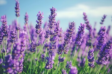 Fototapeta premium A beautiful close-up shot of blooming lavender flowers in a field under a blue sky, highlighting their vibrant purple hues.