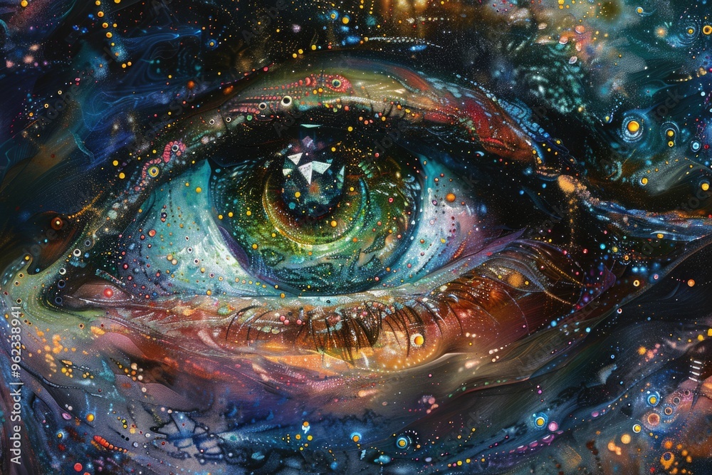 Poster a detailed view of a painted eye with intricate details and shading