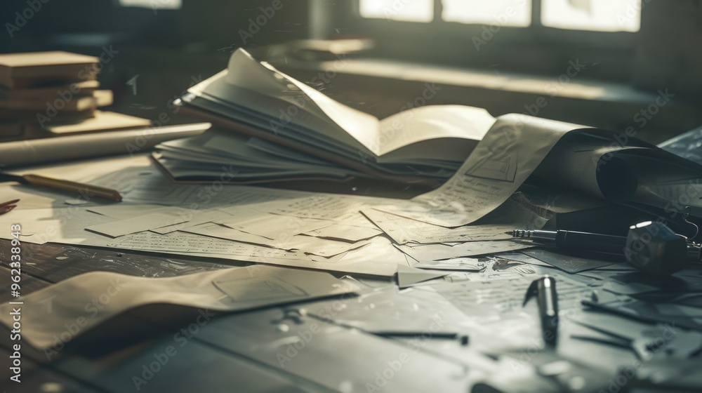 Poster a stack of documents or paperwork on a traditional wood surface, suitable for use in office or educa