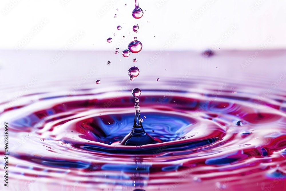 Poster a single water droplet falls into a calm pool of water, creating ripples and waves