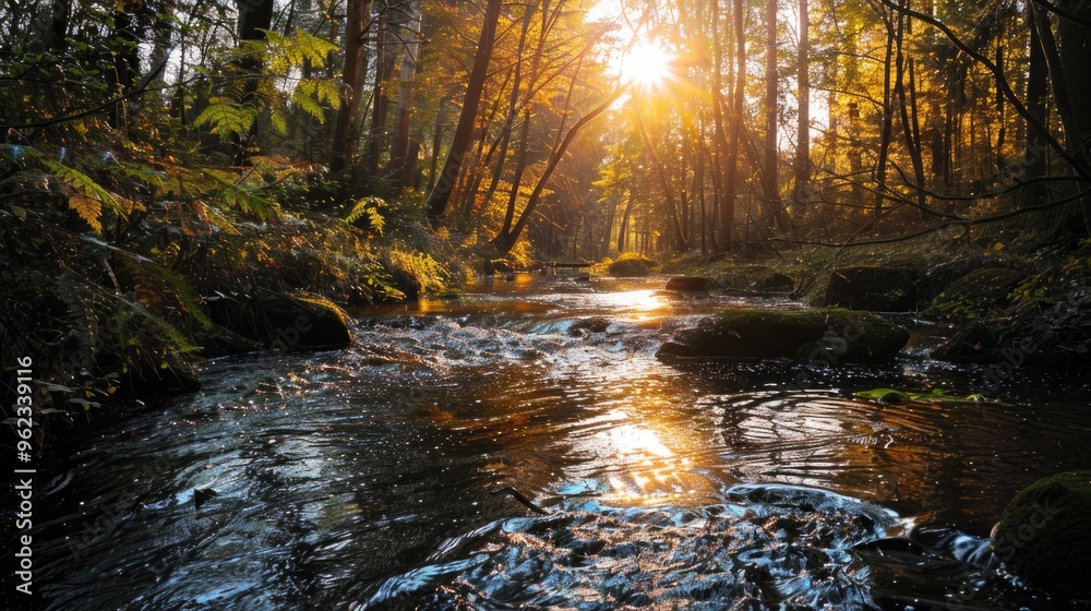 Aufkleber A serene scene featuring a stream flowing through a dense forest with numerous trees