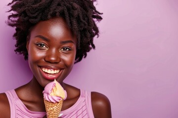A woman with an ice cream cone covering her face, playful and fun moment