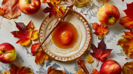 Festive Rosh Hashanah Setup with Apples and Honey in Warm Tones