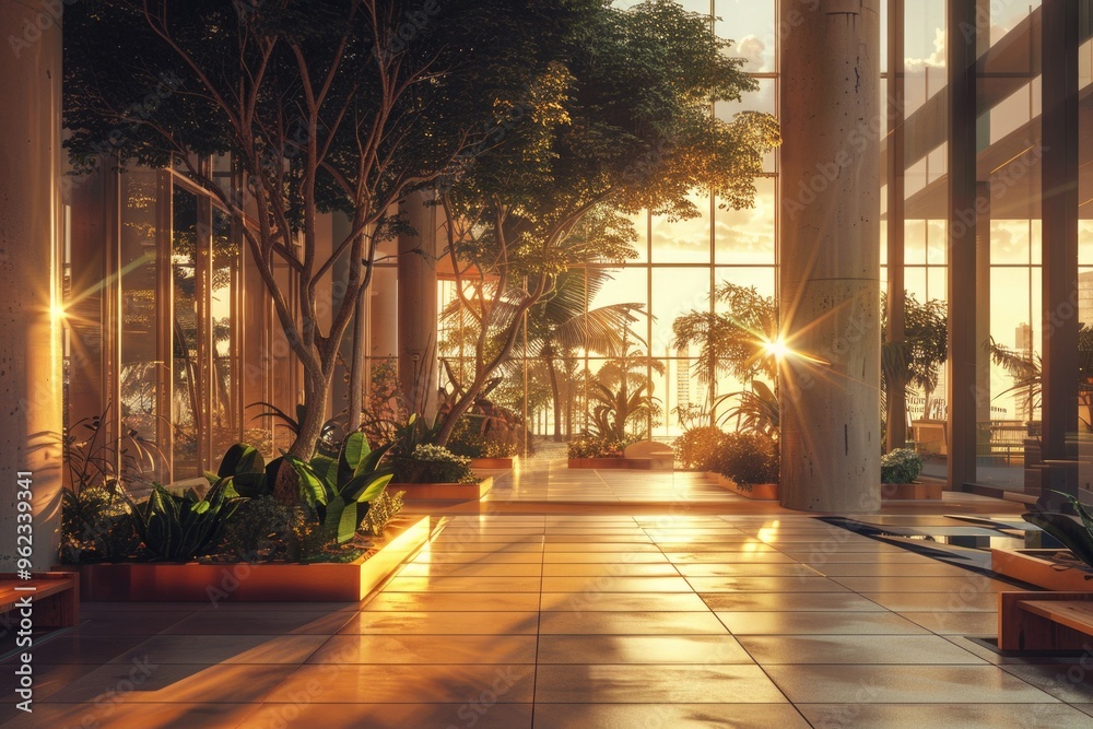 Poster sunlight pouring through the windows of a modern building