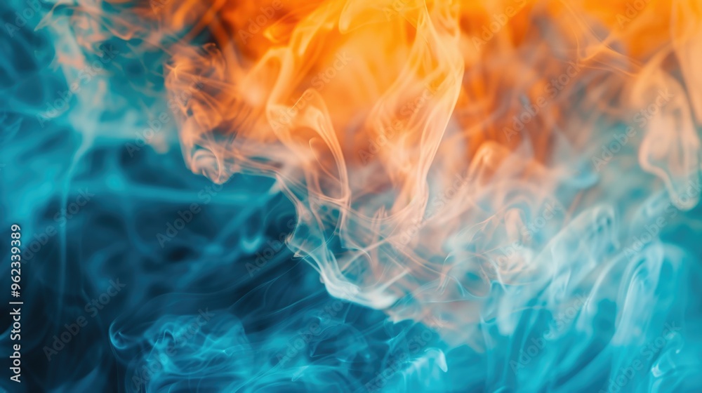 Poster a close-up shot of blue and orange smoke swirling together, ideal for use in abstract backgrounds or
