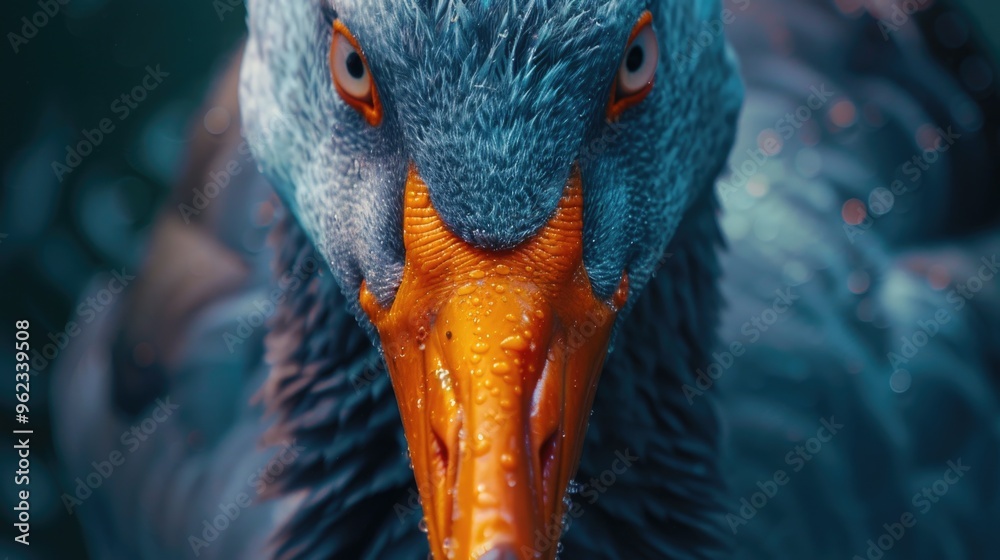 Poster close up photo of a duck's face with blurred background