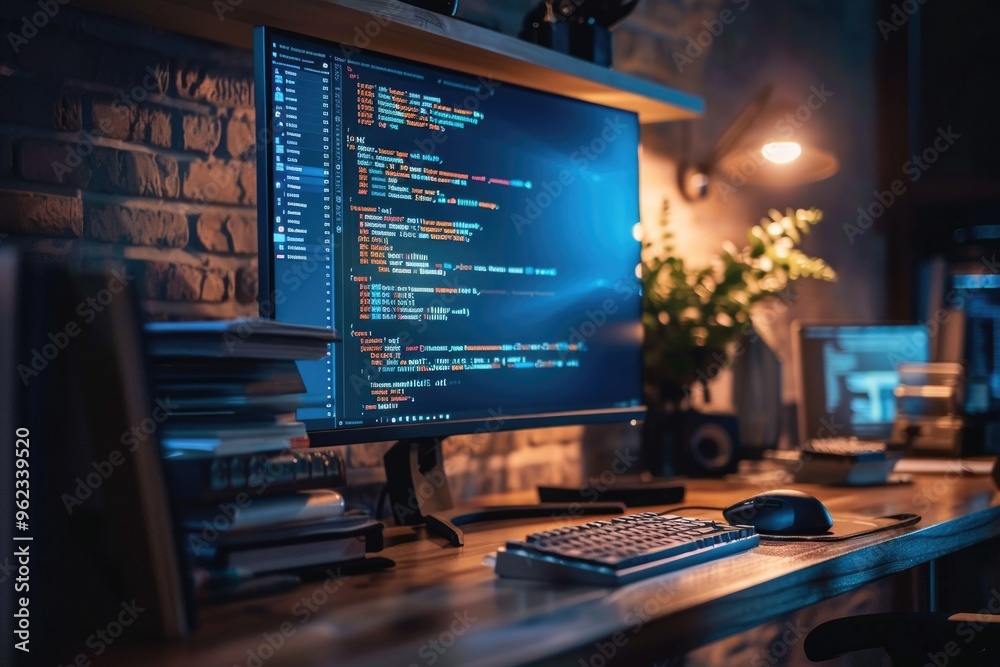 Poster a desktop computer placed on a wooden desk