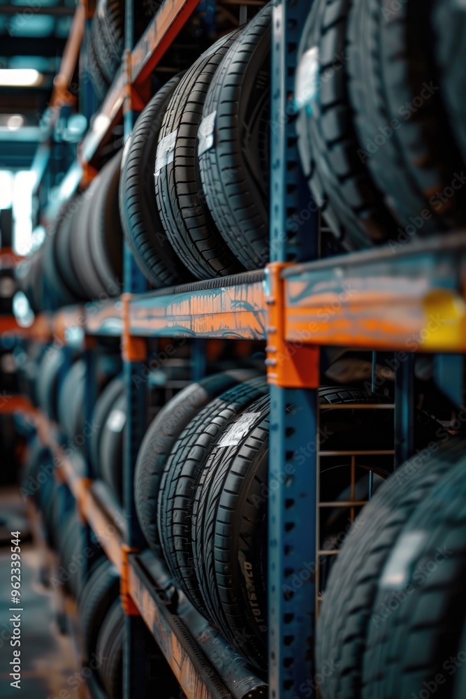 Poster Tires stored on shelves in a warehouse setting, suitable for use as an office background or inventory display