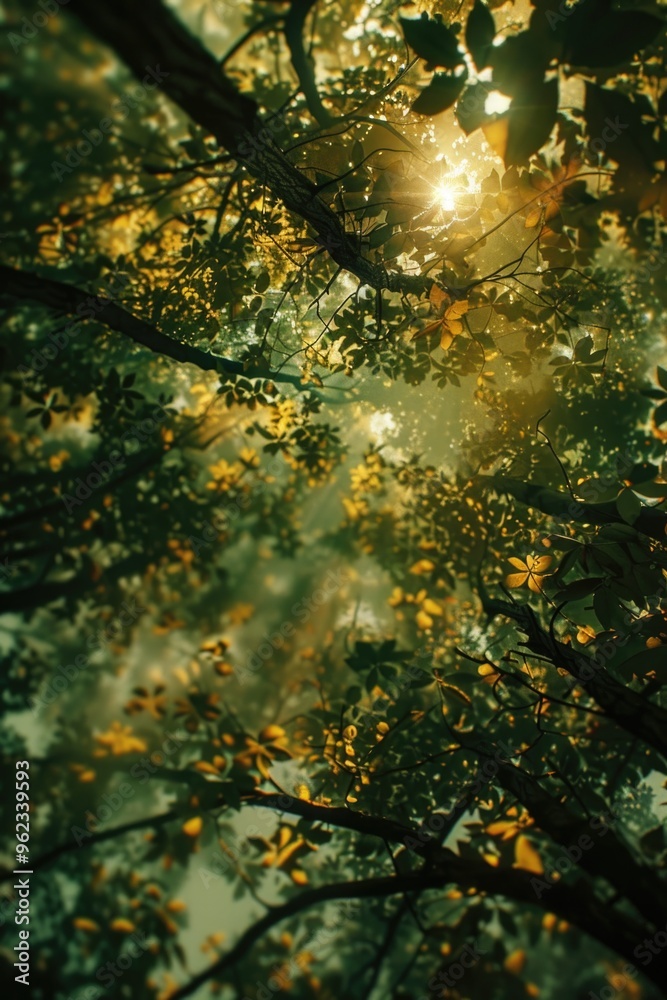 Poster tree leaves illuminated by sunlight, great for nature or environmental concepts