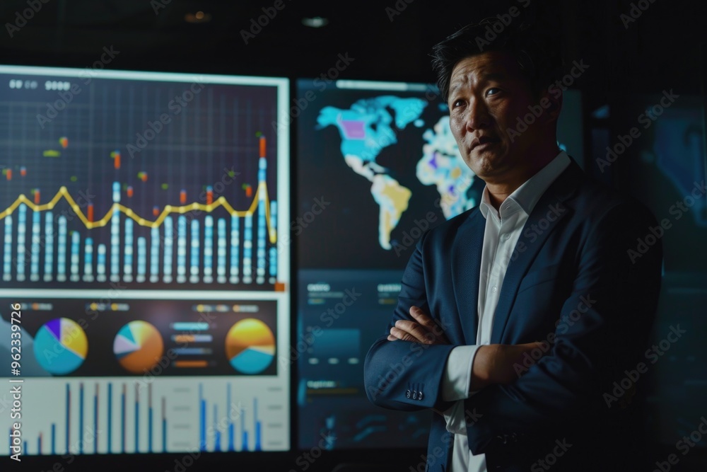 Poster A person standing in front of a computer screen with a serious expression