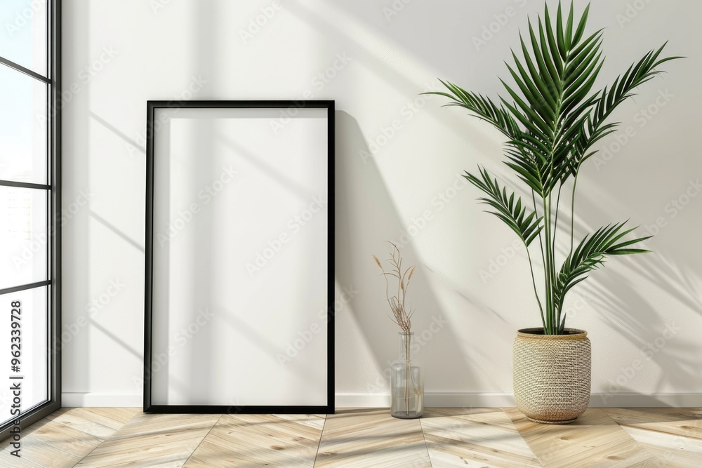 Aufkleber a simple still life with a plant in a vase sitting next to a picture frame