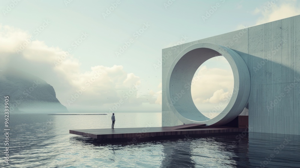 Poster A person standing on a floating platform in calm waters