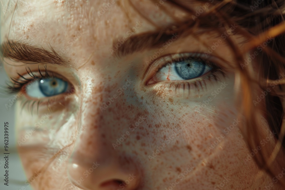 Poster a close-up shot of a woman's face featuring distinctive freckles, ideal for use in beauty or lifesty