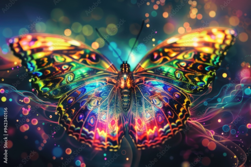 Poster a colorful butterfly flying near bright lights, suitable for use as a background or decorative eleme