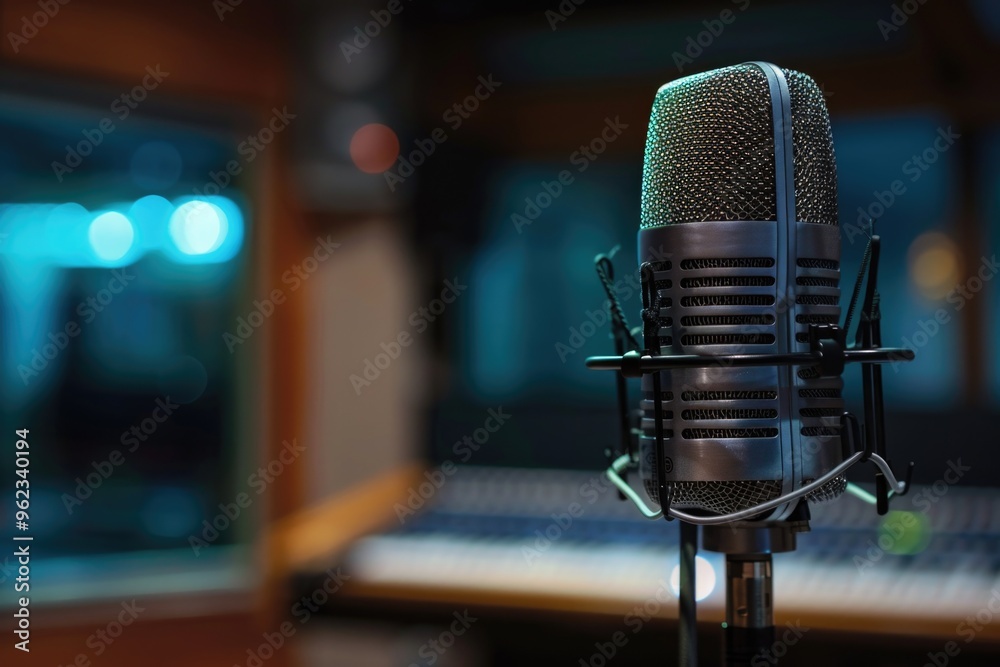 Poster A microphone and laptop in a professional recording studio setup