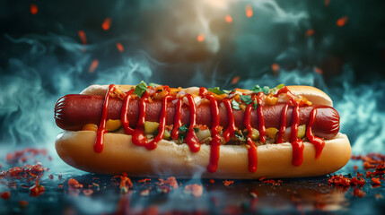 Classic tasty juicy hot dog with ketchup and mustard, with fried onion and cucumber on a soft bun, presented on a colorful background. AI generation