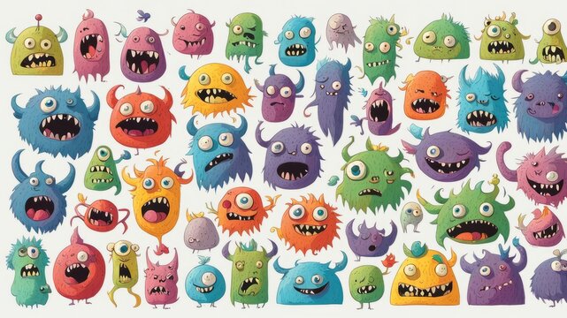 Monstrinhos infantis, diversas caras sobre fundo branco.