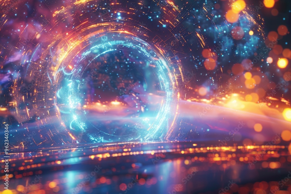 Poster abstract representation of a light tunnel with blue and orange hues