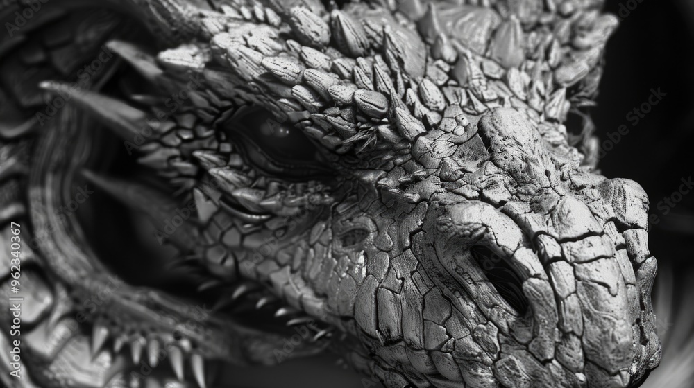 Poster a detailed view of a mythical dragon's head, often used in fantasy and mythology themes