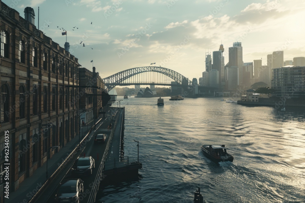 Poster a serene waterfront scene with a bridge in the background, perfect for use in travel or architecture