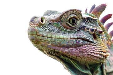 Fototapeta premium A close-up shot of a lizard's face against a white background, perfect for use in scientific or educational contexts