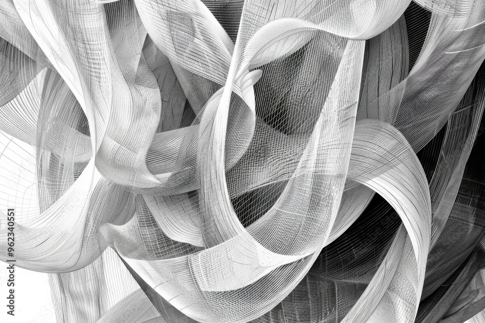 Poster a collection of colorful ribbons in monochrome, great for abstract backgrounds or highlighting textu