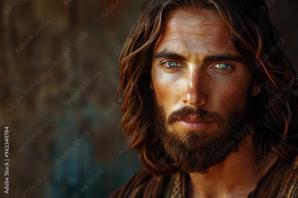Poster portrait of a man with long hair and beard, suitable for use in editorial or creative projects