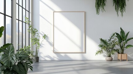 Elegant frame mockup in a bright room with large windows allowing natural light to filter through