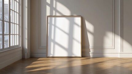 Fototapeta premium 3d mockup of a blank white frame on a wooden floor in a room filled with soft natural light