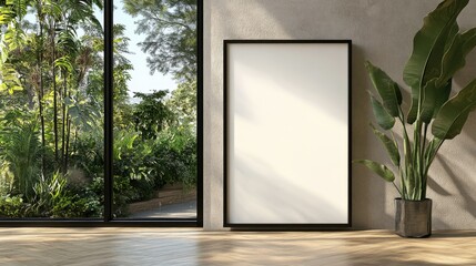 Frame mockup leaning against a wall in a room filled with nature light from large windows