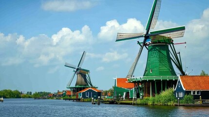 Naklejka premium Scenic Windmills and Waterway in the Netherlands
