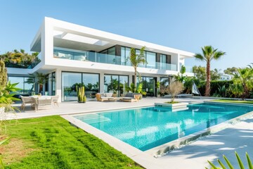 Fototapeta premium A modern home with a large swimming pool in the front yard, suitable for advertising a luxurious lifestyle or a summer vacation
