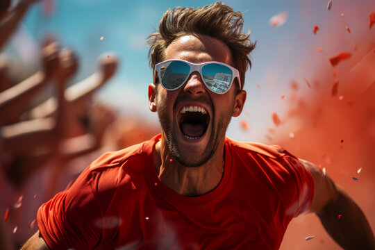 A runner crossing the finish line of a marathon, driven by their inner strength and dedication to reaching the end goal. Concept of achievement. Generative Ai.