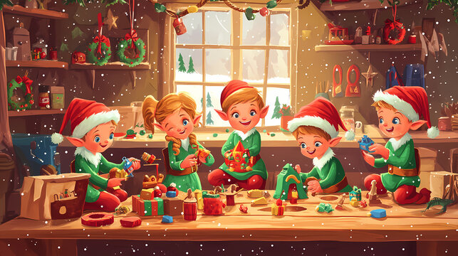 Christmas elves making toys in the workshop. Elf. Illustration
