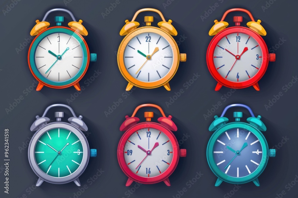 Poster A variety of colorful clocks displayed against a dark backdrop, ideal for use in designs related to time, schedules, and planning
