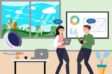 Men and women talk about work or business. In a simple, comfortable office with a green concept.
