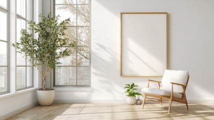 Elegant frame mockup in a bright room with large windows and sunlight casting soft shadows