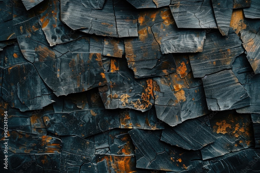 Poster A close-up view of a rough-textured wall with a dominant black color scheme and accents of orange